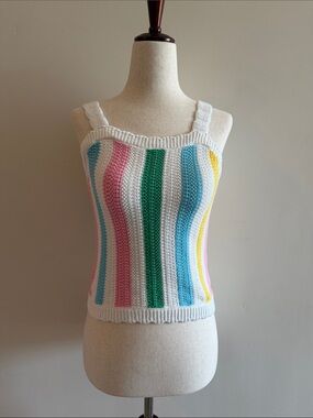 Old Navy White Crochet Tank Top with Pink, Green, Blue & Yellow Stripes